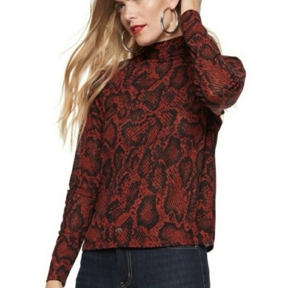 Nine West Red & Black Reptile Print Tie Neck Blouse. Size Medium.